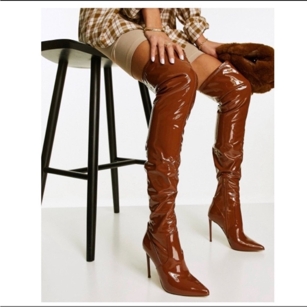Steve Madden Vava Cognac Over-the-Knee Patent Leather Boots